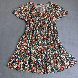 Shein Dress Women 0XL Green Floral V-Neck Ruffle Hem Boho Short Sleeve Mini
